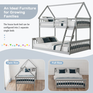 Twin Over Full House Bunk Bed with Ladder and Guardrails-Gray view 9