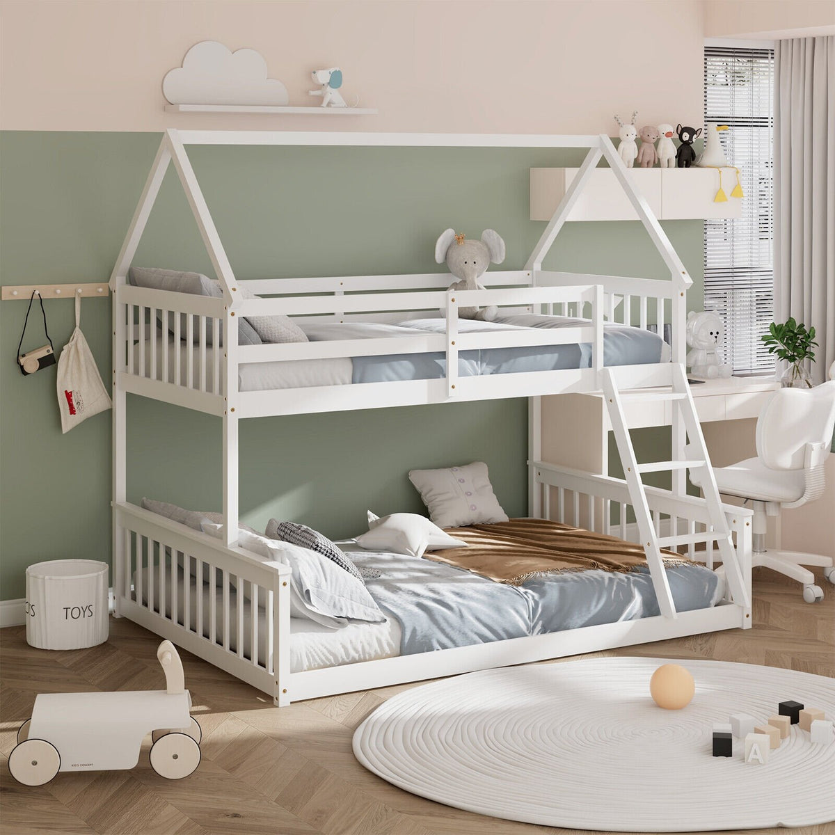 Twin Over Full House Bunk Bed with Ladder and Guardrails-White view 2