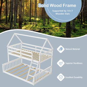 Twin Over Full House Bunk Bed with Ladder and Guardrails-White view 8