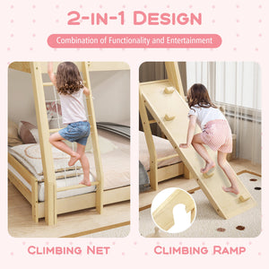 Twin Over Queen Bunk Bed Wooden Kids Bed with Climbing Nets and Ramp-Natural view 6