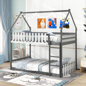 Twin Over Twin Bunk Bed with Fence and Ladder for Kids-Gray view 2