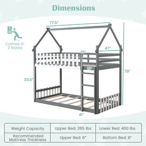 Twin Over Twin Bunk Bed with Fence and Ladder for Kids-Gray view 4