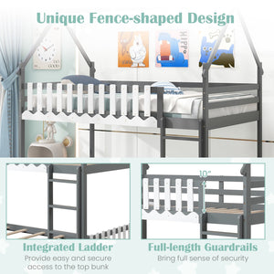 Twin Over Twin Bunk Bed with Fence and Ladder for Kids-Gray view 5
