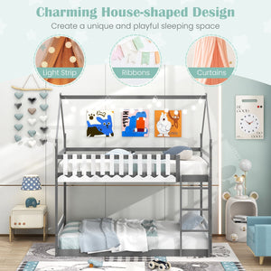 Twin Over Twin Bunk Bed with Fence and Ladder for Kids-Gray view 6