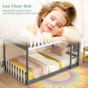 Twin Over Twin Bunk Bed with Fence and Ladder for Kids-Gray view 7