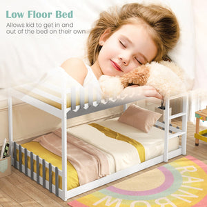 Twin Over Twin Bunk Bed with Fence and Ladder for Kids-White view 7