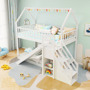 Twin Over Twin Bunk Bed with Slide and Staircase-White view 2