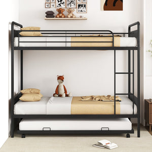 Twin Over Twin Bunk Bed with Trundle with Ladder and Full-length Guardrails-Black view 3