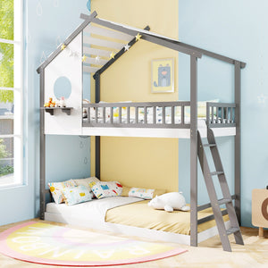 Twin over Twin House Bunk Bed with Roof and Guardrails for Kids-White & Gray view 6