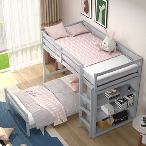 Twin Over Twin Loft Bunk Bed with Bookcase-Gray view 3