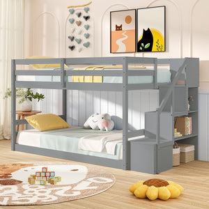 Twin Over Twin Low Bunk Bed with Storage Stairs Solid Wood Floor Bunk Bed Frame-Gray view 2