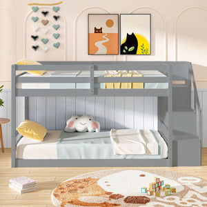 Twin Over Twin Low Bunk Bed with Storage Stairs Solid Wood Floor Bunk Bed Frame-Gray view 5