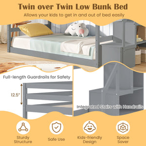 Twin Over Twin Low Bunk Bed with Storage Stairs Solid Wood Floor Bunk Bed Frame-Gray view 7