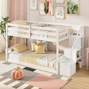 Twin Over Twin Low Bunk Bed with Storage Stairs Solid Wood Floor Bunk Bed Frame-White view 3