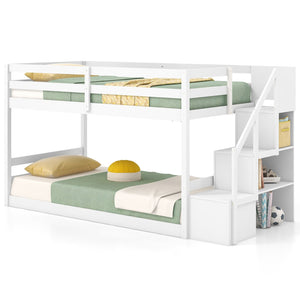 Twin Over Twin Low Bunk Bed with Storage Stairs Solid Wood Floor Bunk Bed Frame-White view 4
