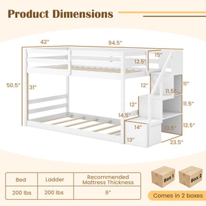Twin Over Twin Low Bunk Bed with Storage Stairs Solid Wood Floor Bunk Bed Frame-White view 5