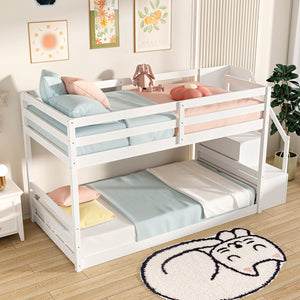 Twin Over Twin Low Bunk Bed with Storage Stairs Solid Wood Floor Bunk Bed Frame-White view 7