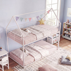 Twin Over Twin Metal Bunk Bed with Roof and Ladder-White view 3