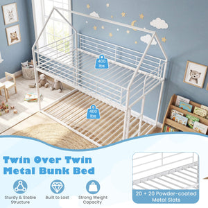 Twin Over Twin Metal Bunk Bed with Roof and Ladder-White view 8