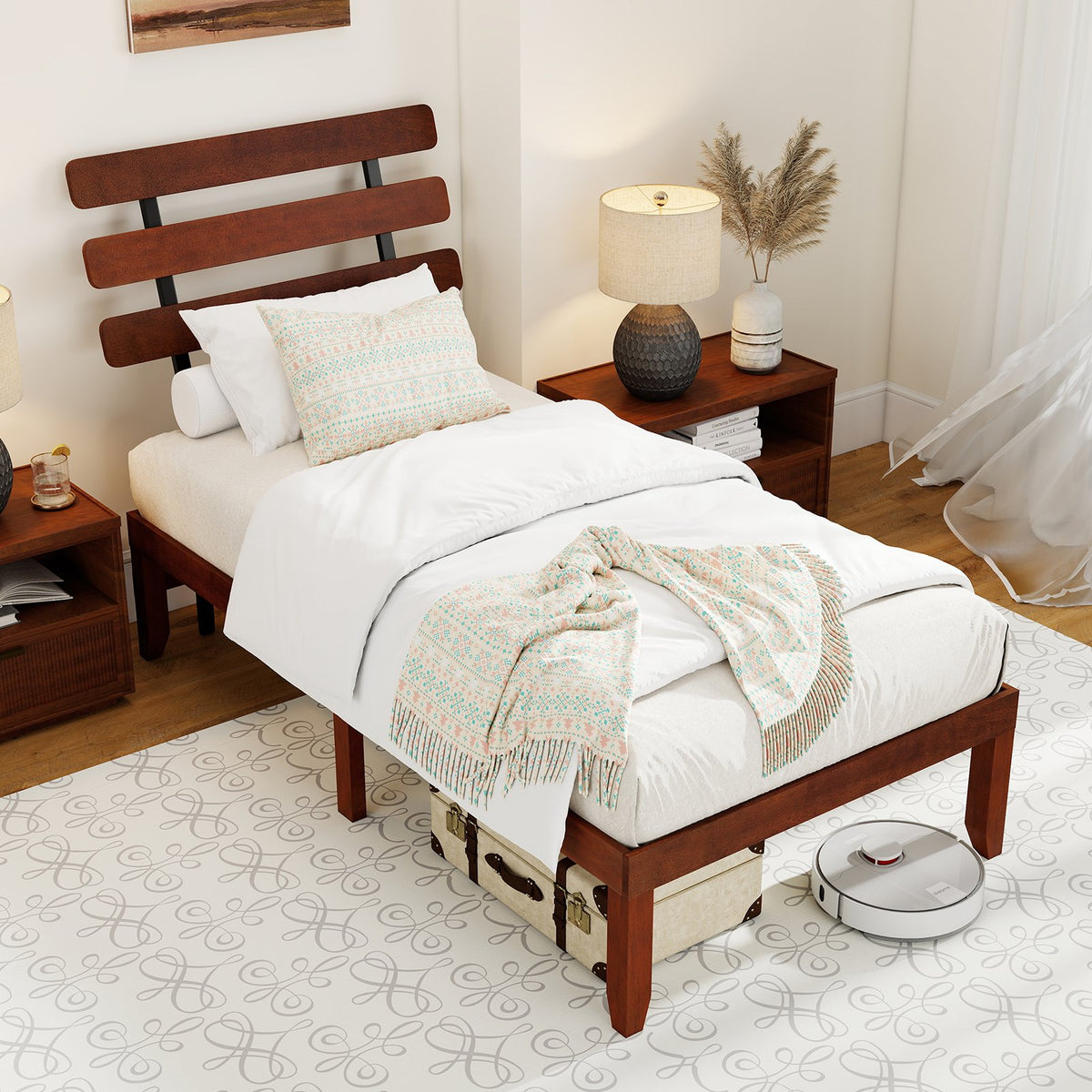 Twin Size Bed Frame 15.5 Inch Solid Wood Platform Bed with Retro Headboard view 2