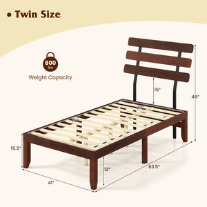 Twin Size Bed Frame 15.5 Inch Solid Wood Platform Bed with Retro Headboard view 4