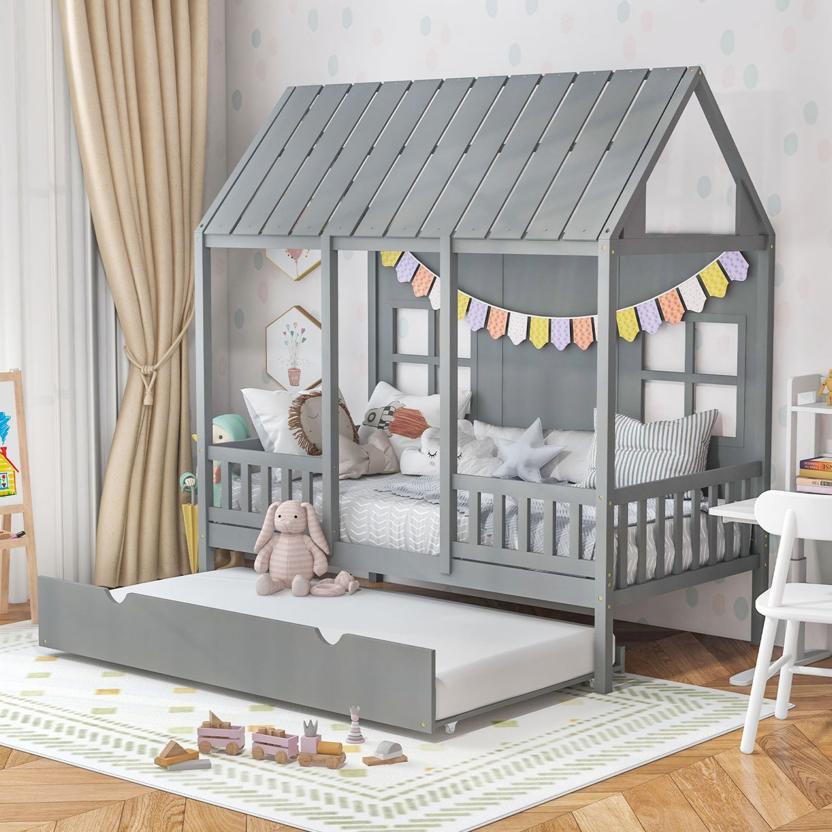 Twin Size Bed Frame House Bed with Trundle and 82 Inch Tall Roof-Gray view 2
