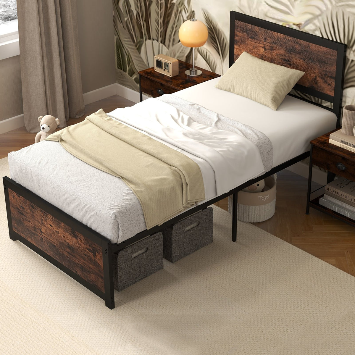 Twin Size Bed Frame Metal with High Headboard and Mute Bars-Twin Size view 2