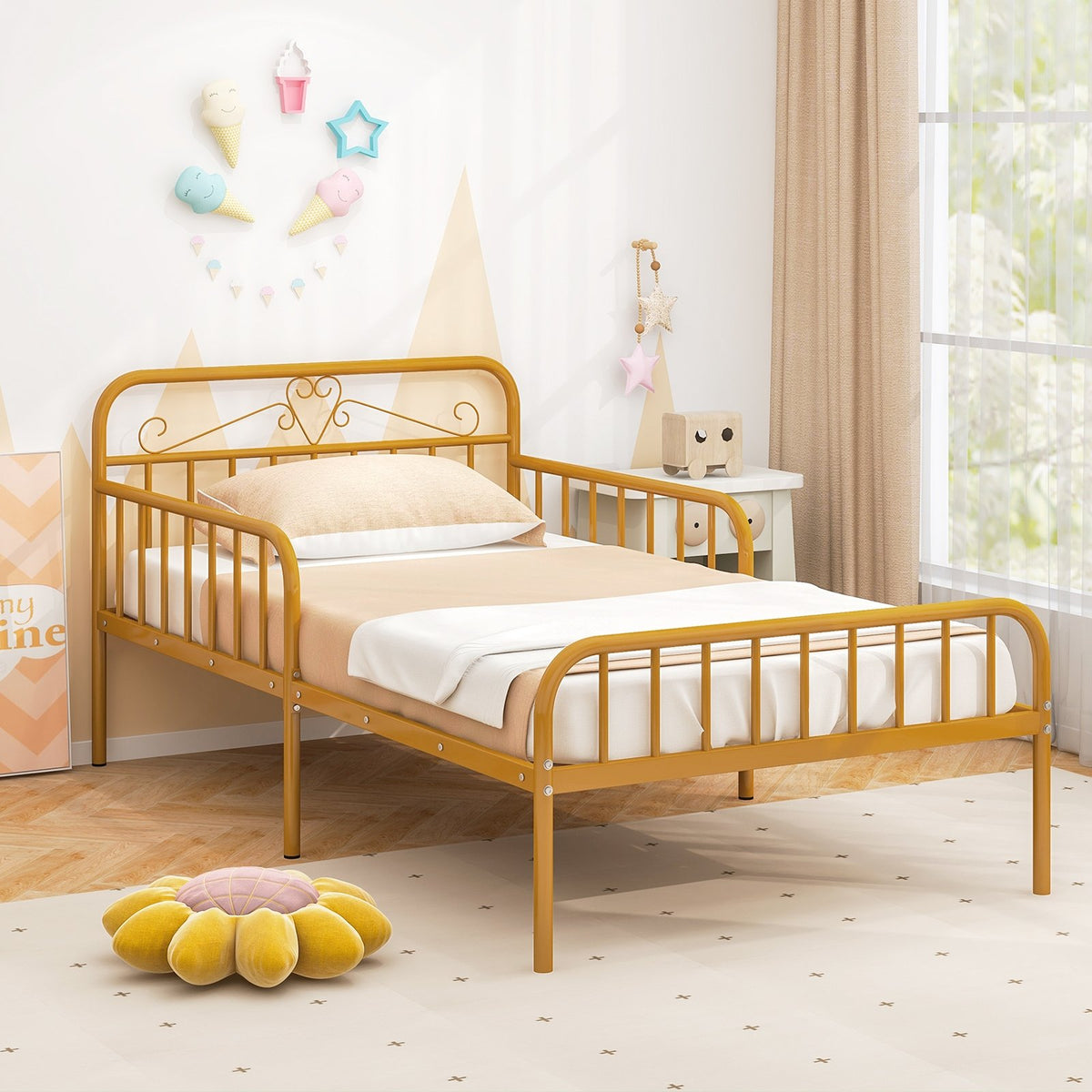 Twin Size Bed Frame with Headboard and Safety Side Guardrails-Gold view 2