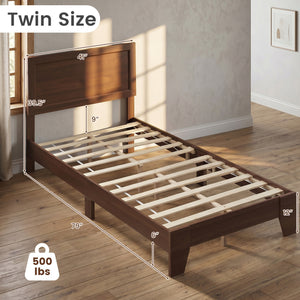 Twin Size Bed Frame with Headboard for Small Room No Box Spring Needed-Walnut view 4