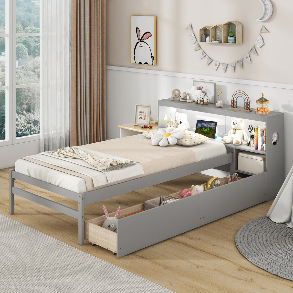 Twin Size Bed Frame with LED Light and Bookcase Headboard-Gray view 2
