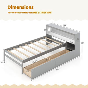 Twin Size Bed Frame with LED Light and Bookcase Headboard-Gray view 4