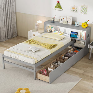 Twin Size Bed Frame with LED Light and Bookcase Headboard-Gray view 5