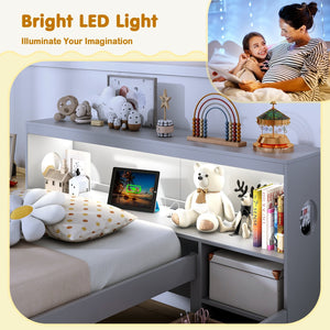 Twin Size Bed Frame with LED Light and Bookcase Headboard-Gray view 7