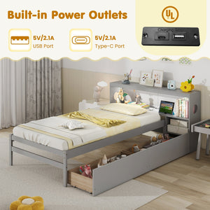 Twin Size Bed Frame with LED Light and Bookcase Headboard-Gray view 9