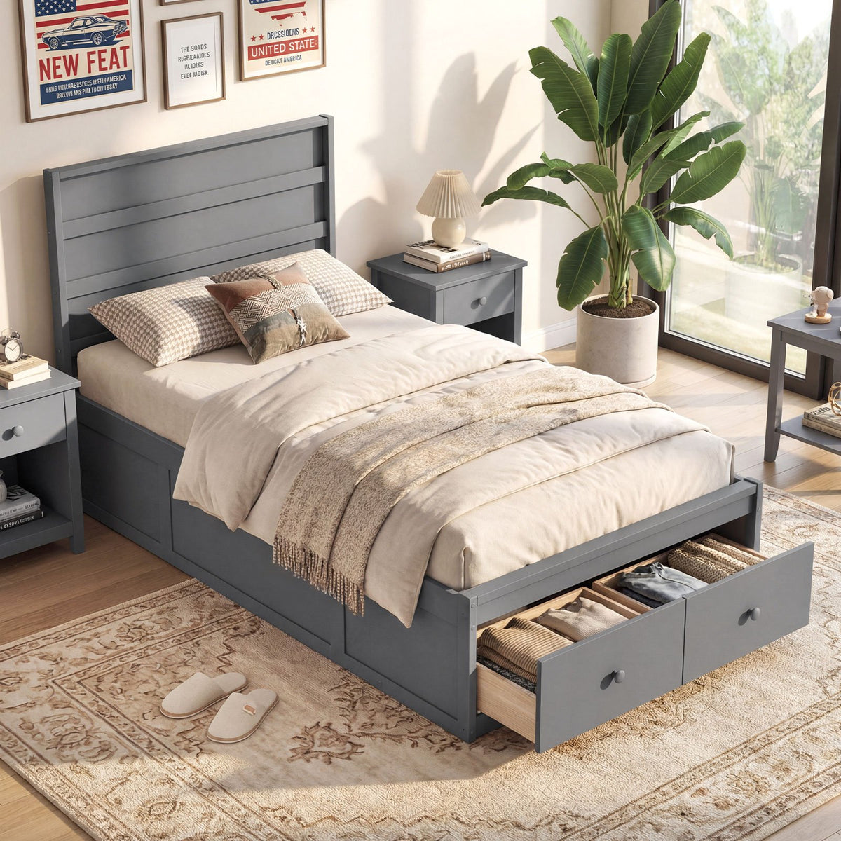 Twin Size Bed Frame with Storage Drawers and Headboard-Gray view 2
