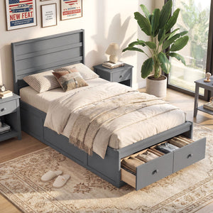 Twin Size Bed Frame with Storage Drawers and Headboard-Gray view 2