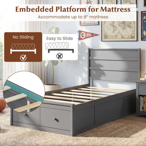 Twin Size Bed Frame with Storage Drawers and Headboard-Gray view 7