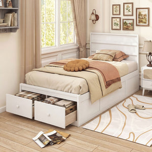 Twin Size Bed Frame with Storage Drawers and Headboard-White view 3