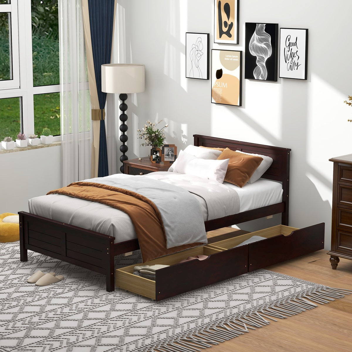 Twin Size Bed Frame with Storage Drawers-Espresso view 2