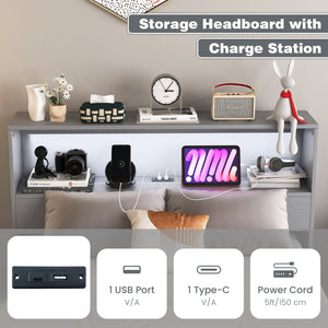 Twin Size Bed Frame with Storage Headboard and Charging Station-Gray view 6