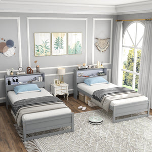 Twin Size Bed Frame with Storage Headboard and Charging Station-Gray view 7