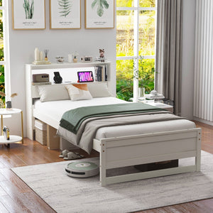 Twin Size Bed Frame with Storage Headboard and Charging Station-White view 2