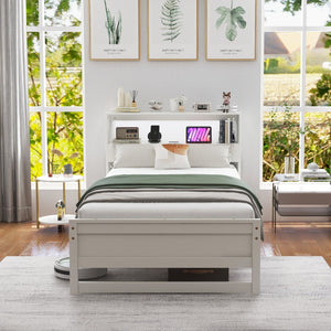 Twin Size Bed Frame with Storage Headboard and Charging Station-White view 6