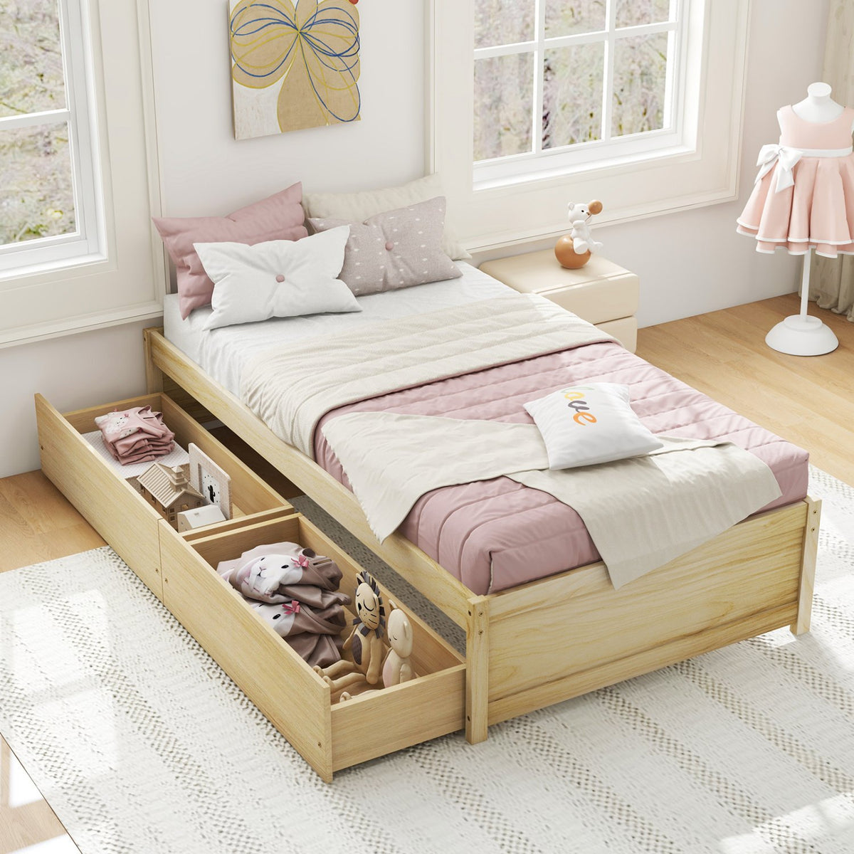 Twin Size Captain Bed with 2 Drawers and Slats Support-Natural view 2