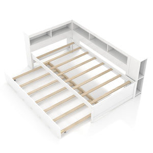 Twin Size Daybed Platform Bed Frame with Trundle and Bedside Shelves-White
