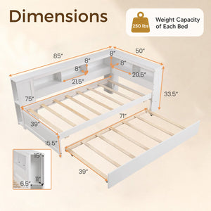 Twin Size Daybed Platform Bed Frame with Trundle and Bedside Shelves-White view 5
