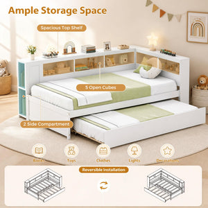 Twin Size Daybed Platform Bed Frame with Trundle and Bedside Shelves-White view 7