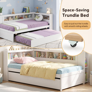 Twin Size Daybed Platform Bed Frame with Trundle and Bedside Shelves-White view 8