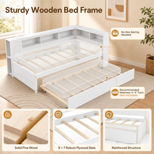 Twin Size Daybed Platform Bed Frame with Trundle and Bedside Shelves-White view 9