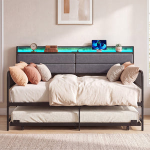 Twin Size Daybed with Trundle and Metal Bed Frame with Headboard-Rustic Brown view 2
